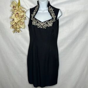 Vintage high collar black cocktail dress with silver embroidery & rhinestones